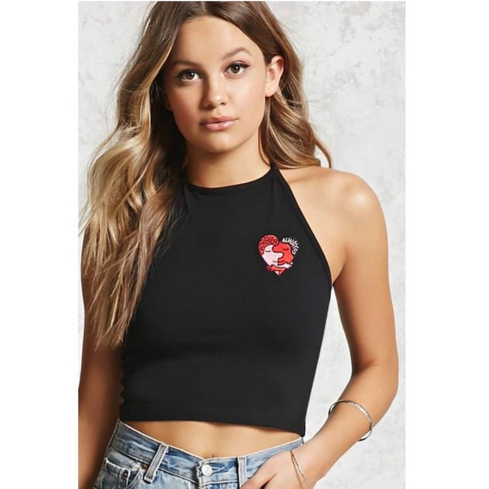 F21 Jeremyville Heart Appliqué Black Halter Top